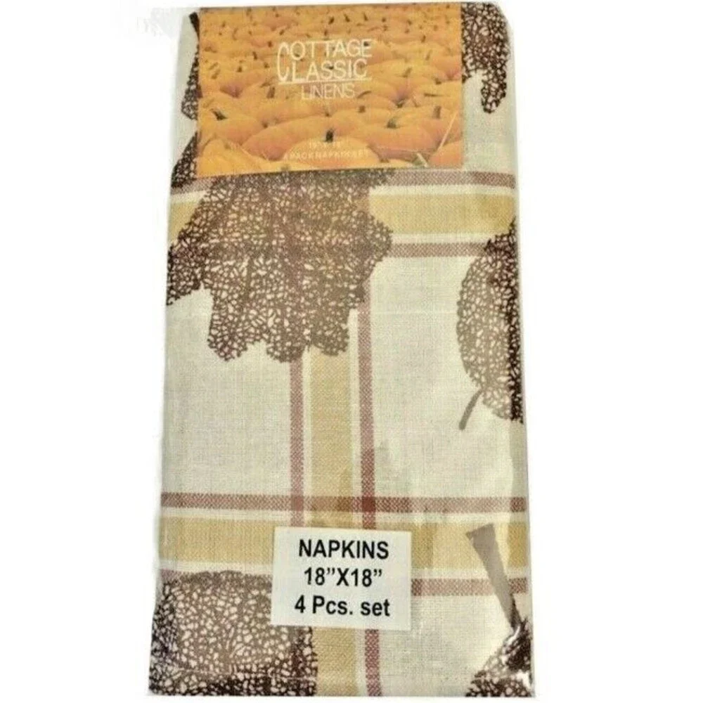 Thanksgiving Imprint Leaves Plaid Fabric Napkins Country Cabin Lodge Set of 4